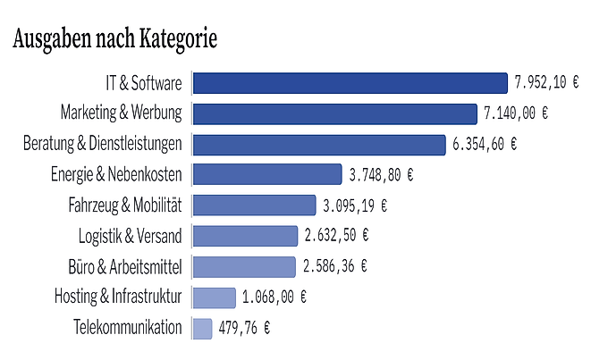 Ausschnitt der Auswertungen in Invoice Dock mit Ausgaben nach Kategorie, Beträgen und Anteilen