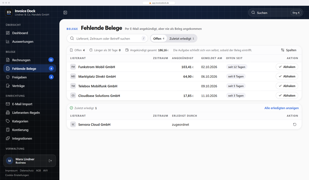 Liste fehlender Belege in Invoice Dock mit angekündigten Rechnungen, Zeitraum, Betrag, Meldedatum und wie lange sie offen sind, dazu je ein Knopf zum Abhaken. Beispieldaten.