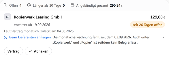 Ausgebliebene Rechnung in Invoice Dock: Kopierwerk Leasing GmbH, erwartet ab 19.09.2026, mit dem Hinweis „Laut Vertrag monatlich, zuletzt am 04.08.2026“ und dem Vorschlag des Beleg-Jägers, beim Lieferanten anzufragen. Beispieldaten.