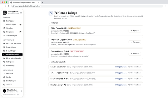 Fehlende Belege in Invoice Dock: angekündigte Rechnungen, die nie als Beleg ankamen