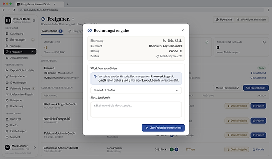Freigabedialog in Invoice Dock mit Prüfhinweisen vor der Zahlungsfreigabe