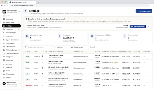 Vertragsübersicht in Invoice Dock mit Laufzeiten, Wiedervorlagen und zugeordneten Rechnungen